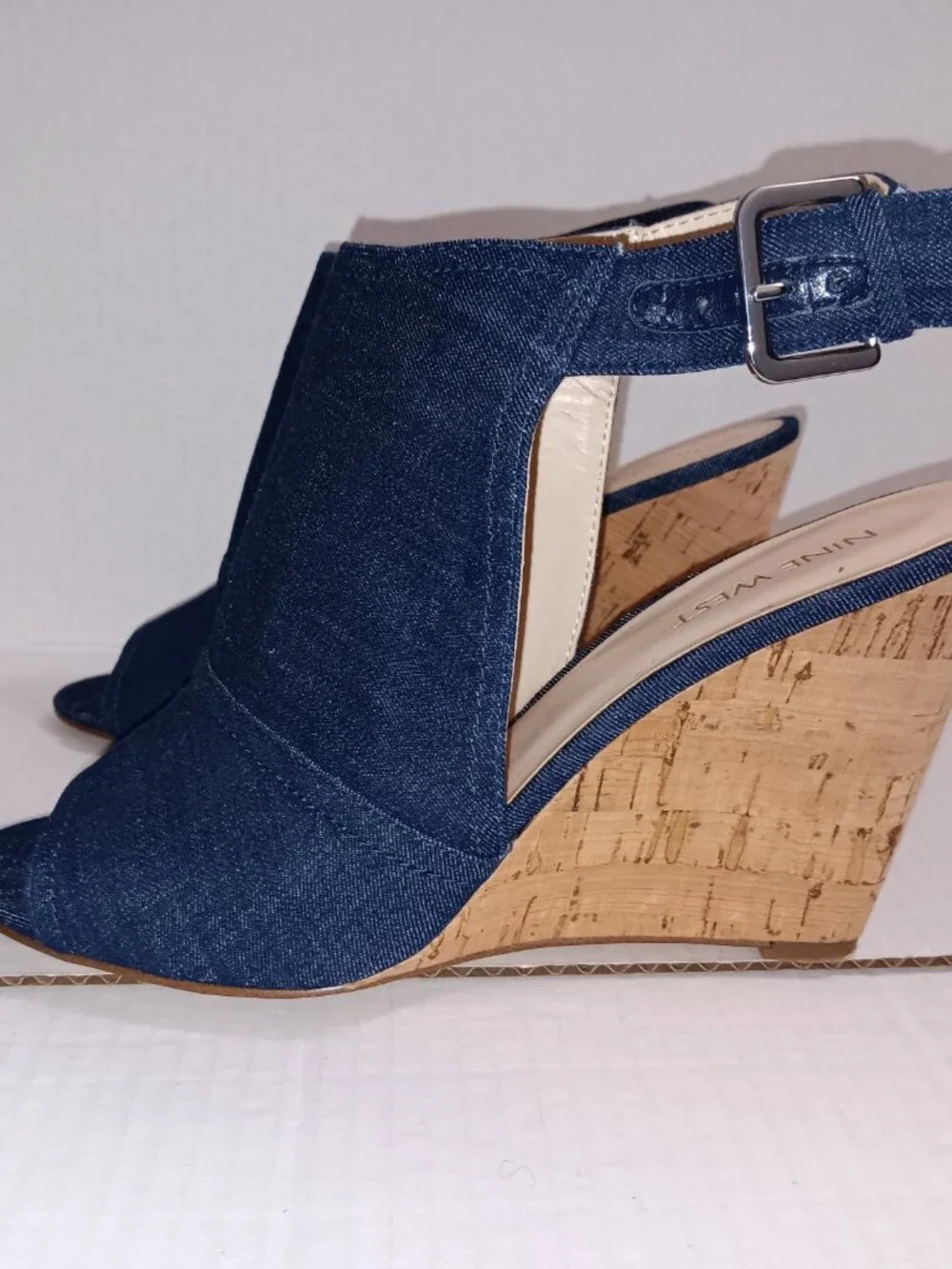 NINE WEST BLUE DENIM OPEN TOE WEDGE SHOES